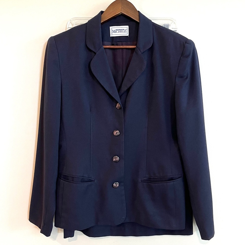 Petites Michele Navy Blue Skirt Suit Set Vintage 90s Blazer Pencil Skirt Size 10